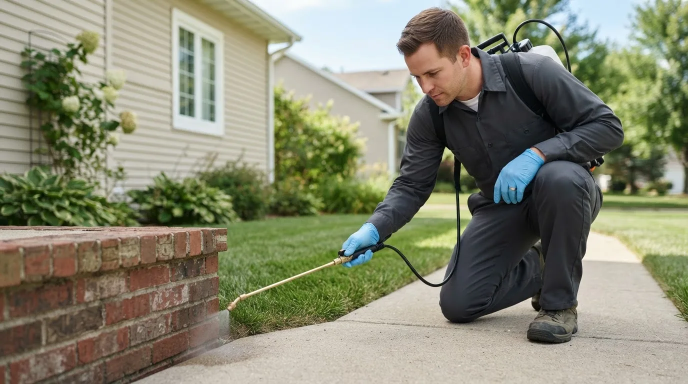 Pest control technician treating a home near Pascoag, RI